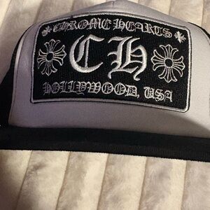Chrome Hearts Black and White Logo Trucker Cap